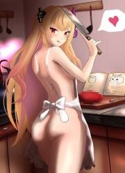 1girls 2d 2d_(artwork) apron apron_only ass back back_view blonde_hair book cooking estebaneishon1 female female_focus female_only holding_knife holding_object idol_corp idol_es indoors kitchen kitchen_utensils knife latam_virtual_youtuber light-skinned_female light_skin long_hair looking_at_viewer looking_back looking_back_at_viewer open_book pink_hair pointy_ears red_eyes ruby_runeheart smiling smiling_at_viewer solo solo_female solo_focus two_tone_hair virtual_youtuber vtuber vtuberfanart young younger_female