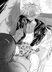 1boy 1cuntboy bar_censor blush boxers breath clothed_sex cum cuntboy cuntboy_focus cuntboysub genderswap_(mti) gintama gintoki_sakata intersex male male_on_cuntboy maledom monochrome motion_lines mti_crossgender on_back open_shirt penis sofa sofa_sex solo_focus strawberry_print sweat underwear underwear_aside vaginal_penetration yanyan_mian