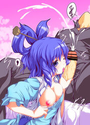 blue_eyes blue_hair breasts bust censored cum ejaculation faceless faceless_male fellatio female hair_rings hair_stick heart licking nipples no_bra oral penis seiga_kaku shiraki_kyousuke short_hair spoken_heart touhou wink