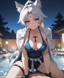 ai_assisted ai_generated akira_hentai animal_ears breasts cleavage cleavage feixiao_(honkai:_star_rail) fox fox_ears honkai:_star_rail inviting_to_paizuri milf mommy paizuri sitting_on_lap white_hair