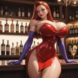 abs ai_generated bar bar_counter big_breasts blush bottle breasts curvy cutout earrings female fit_female gloves green_eyes high_resolution huge_breasts indoors jessica_rabbit long_hair long_sleeves looking_at_viewer muscular narrow_waist purple_eyeshadow purple_gloves red_dress red_hair red_lipstick smug spectreai standing thick_thighs who_framed_roger_rabbit wine_glass