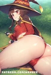 ai_generated blush brown_hair cape crop_top gloves konosuba lying megumin outdoors red_eyes see-through see-through_clothing small_breasts thong wanuze wide_hips witch_hat