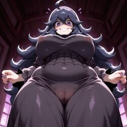 1female ai_generated ai_hands chubby dress hex_maniac long_hair looking_at_viewer low-angle_view pokemon puffy_nipples puffy_pussy pussy see-through see-through_clothing smile solo solo_focus thick_thighs