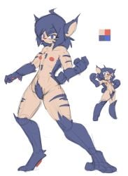 arm_fur arm_hair blue_body blue_eyes blue_fur blue_hair body_fur body_hair felid feline female flat_chested fur hair half_human humanoid hybrid leg_fur leg_hair mammal muscular muscular_female nipples nude orange_nipples pubes reakuthecrate smile smug_face solo