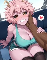 1boy1girl ai_generated ashido_mina black_sclera blush blushing_at_viewer bus dark-skinned_male dark_skin female_focus hand_on_cheek hand_on_head heart heart_symbol horns mina_ashido pink_hair pink_skin pov public public_transportation self_upload short_shorts sitting skindentation smiling smiling_at_viewer sole_female sole_male thick_thighs yellow_eyes