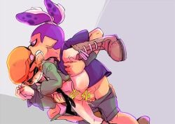 2boys acid_red aggressive anal army_(splatoon) biting biting_ear boots closed_eyes gay handjob hands_tied holding_leg inkling_boy partially_clothed penis skull_(splatoon) splatoon splatoon_(manga)