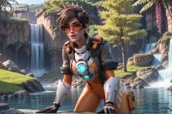 1girls ai_generated artist_name blizzard_entertainment bodysuit bomber_jacket breasts brown_eyes brown_hair chest_harness day gloves goggles harness hi_res jacket leaning_forward lips looking_at_viewer medium_breasts orange_bodysuit orange_goggles outdoors overwatch overwatch_2 parted_lips r34arts river short_hair skin_tight sleeves_rolled_up smile solo spiked_hair stream swept_bangs tinted_eyewear tracer tracer_(overwatch) tree vambraces water waterfall watermark web_address