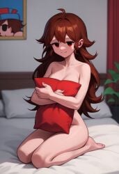 after_showing_naked aged_up ai_generated animated_me_bf brown_hair covering_body friday_night_funkin girlfriend_(friday_night_funkin) holding_pillow kneeling long_hair medium_breasts red_eyes