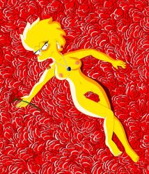 1girls barefoot blonde_hair blue_eyes blush breasts censored_pussy earrings eyelashes female female_only flower flower_bed heart_tattoo human jewelry lisa_simpson necklace nipples novelty_censor pearl_necklace pinup pinup_pose pussy rose rose_(flower) solo tasteful_nudity tattoo the_simpsons yellow_body