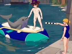 ai_assisted barefoot dolphin embarrassed embarrassed_nude_male exposed fanny_(mobile_legends) harley_(mobile_legends) in_front_of_another in_public lost_clothes male/female mobile_legends mobile_legends:_adventure mobile_legends:_bang_bang naked_male nude_male nudity penis ponytail pool public_exposure public_nudity swimsuit swimwear water