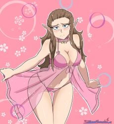 1girls blue_eyes breasts brown_hair choker large_breasts lingerie long_hair looking_at_viewer negligee nintendo panties pink_lingerie pink_negligee pink_panties princess_zelda the_legend_of_zelda twilight_princess zeromomentai