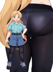 1girls ass belt black_legwear black_pantyhose blonde_hair blue_footwear eyebrows_visible_through_hair female female_focus female_only full_body green_eyes jirusu light_blue_shirt looking_at_viewer open_mouth panties pantyhose portrait ruri_no_houseki ruri_rocks shirt shirt_pocket shoes shorts simple_background smile solo solo_female standing tanigawa_ruri underwear very_high_resolution very_long_hair white_background white_panties