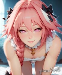 1boy 1femboy ai_generated astolfo_(fate) bangs braid braided_hair braided_ponytail bulge bulge_through_clothing bulge_under_clothes collar dress fate_(series) femboy looking_at_viewer penis pink_eyes pink_hair smile smiley_face tagme thick_eyelashes trap viviai white_dress white_skin