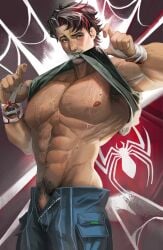 1boy abs armpit armpit_hair big_pecs blush clothed clothing jw_lulu male male_focus male_only marvel marvel_comics marvel_rivals muscular muscular_male nipples open_pants pants pecs penis penis_peek peter_parker pubes pubic_hair shirt shirt_lift shirt_up solo solo_male spider-man spider-man_(marvel_rivals) spider-man_(series) spider_web sweat sweating