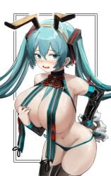 belly big_breasts blue_hair blush breasts breasts_bigger_than_head cleavage clothed clothing hair hatsune_miku hyper_breasts legs mouth tagme tagme_(artist) thick_thighs tongue vocaloid yuyuuyuyuu__