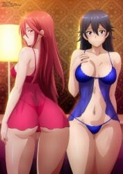 2girls ass bed bedroom big_breasts black_hair blue_bow blue_eyes blue_panties blush bow bow_panties bra collarbone cordelia_(fire_emblem) dress fire_emblem fire_emblem_awakening from_behind hand_on_own_chest lamp lingerie long_hair looking_at_viewer looking_back lucina lucina_(fire_emblem) medium_breasts multiple_girls navel negligee nintendo panties red_bra red_dress red_eyes red_hair red_panties see-through_clothes see-through_dress smile standing underwear zel-sama