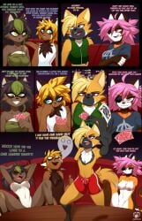 ailurid anthro blondhair blue_eyes breasts brown_body brown_fur canid canine card clothed clothing dialogue english_text eye_patch eyewear female fur green_eyes grey_hair group hair hi_res male male/female mammal maned_wolf moonfluffmf nipples nude orange_body orange_fur pink_hair playing_card poker poker_table purple_eyes raccoon_dog red_eyes red_panda smile spread_legs spreading strip_poker tanuki text thinking thoughtful_expression thoughts white_body white_fur yellow_body yellow_fur