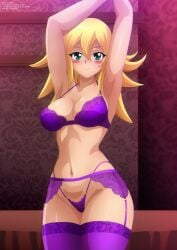 1girls alluring big_breasts blonde_hair bra cleavage dark_magician_girl green_hair lingerie panties pin_up underwear yu-gi-oh! zel-sama