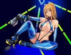 1girls blonde_hair blue_eyes blue_one-piece_swimsuit blue_swimsuit breasts elbow_gloves gloves gun high_heels holding_gun holding_weapon large_breasts looking_at_viewer metroid nintendo one-piece_swimsuit ponytail samus_aran slingshot_swimsuit stun_gun swimsuit thighhighs volyz weapon