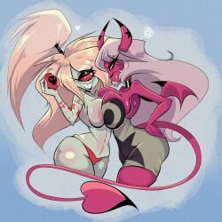 2girls big_breasts breasts_to_breasts cherri_bomb demon demon_girl demon_horns demon_tail hazbin_hotel helluva_boss huge_breasts light-skinned_female light_skin long_hair pink_body pink_hair stormrayneart succubus tail verosika_mayday_(helluva_boss) vivienne_medrano