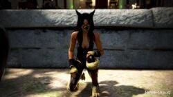 3d arab_female arabian_female bdo beurette black_desert black_desert_online black_hair commentary_request dark-skinned_female dog_ears dog_girl dog_muzzle dog_paws dog_tail exposed game_screenshot irl_character petplay yourbdoslave