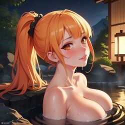 1girls ai_generated ane_wa_yanmama_junyuuchuu_in_jikka black_hairband blush brown_eyes completely_nude dh_lucky ginger_hair hot_spring large_breasts long_hair milf nude onsen orange_hair sano_aika smile smiley_face solo sweat wet_body wet_hair