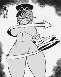 1girls arrow bandaged_head big_breasts convenient_censoring convenient_censorship female gunko half-closed_eyes hat jeteggs large_breasts mask nude one_piece post-timeskip pubes pubic_hair reference_image solo solo_female solo_focus thick thick_legs thick_thighs