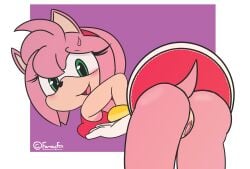 absurd_res amy_rose anthro arms_bent ass bent_over blush bracelet breast_squish breasts clothed clothing digital_drawing_(artwork) digital_media_(artwork) dress eulipotyphlan famousfen female genitals gloves hair handwear hedgehog hi_res jewelry looking_at_viewer looking_back mammal open_mouth open_smile pink_body pink_hair presenting presenting_hindquarters presenting_pussy pussy recolor redraw sega smile solo sonic_(series) sonic_the_hedgehog_(series) squish upskirt