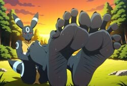 ai_generated anthro background black_fur black_toenails feet feet_together foot_fetish fuealahomg furry nature nature_background pokemon pokemon_(species) red_eyes sitting soles solo spread_toes toenails toes umbreon wrinkled_soles yellow_fur