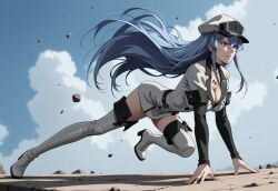 ai_generated akame_ga_kill! blue_eyes blue_hair boots breasts clothed clothing echodantalian esdeath esdeath_(akame_ga_kill!) girl high knee-high_boots long_hair strong_woman uniform white_clothing