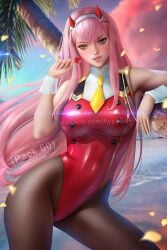 1girls ayyasap beach breasts clouds darling_in_the_franxx green_eyes hairband holding_lollipop large_breasts leotard lollipop long_hair looking_at_viewer necktie ocean outside palm_tree pantyhose pink_hair red_leotard sky water wrist_cuffs zero_two_(darling_in_the_franxx)