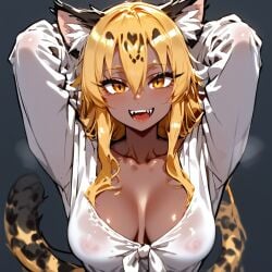 ai_generated arms_behind_back arms_up big_breasts breasts cheetah cleavage cleavage_cutout collarbone eyeliner fangs fluffy_ears monster_girl_encyclopedia nipples_visible_through_clothing ocelomeh_(monster_girl_encyclopedia) shirt smile spots tail yellow_eyes yellow_hair