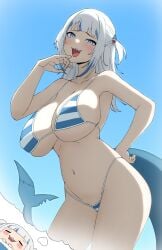 alternate_breast_size big_breasts bikini blue_and_white_hair blue_and_white_striped_bikini dayyo_(daydarion/day-chan) dream dreaming gawr_gura hololive hololive_english hololive_myth large_breasts shark_girl shark_tail shark_teeth tagme virtual_youtuber vtuber white_hair