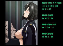 1boy 1girls black_hair breast_sucking breastfeeding breasts brown_hair curvaceous female hetero higashitaishi human japanese_text large_breasts light-skinned_female light_skin natsumi_tsujimoto old_man police policewoman prison short_hair taiho_shichauzo text translation_request