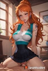 1boy 1girls ai_generated blush blushed cowgirl cowgirl_position female female female_focus ginger ginger_hair hair_up large_penis long_hair long_penis nami nami_(one_piece) one_piece orange_hair penis red_hair red_hair riding riding_penis rolling_eyes sarahvividart seductive sex shiny_skin tall_girl taller_female taller_girl tattoo tattoo_on_arm tattooed_arm vaginal_penetration vaginal_penetration vaginal_sex