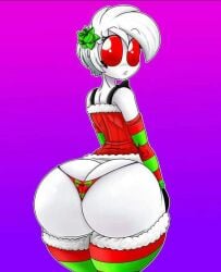 1boy alduingijinka arm_stockings ass_cleavage big_ass butt_crack christmas christmas_clothing christmas_outfit clarie_(alduingijinka) femboy red_eyes stockings tagme thin_waist thong white_hair white_skin wide_hips