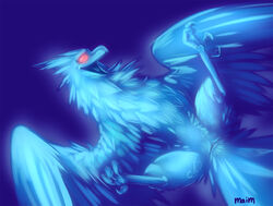 anivia avian beak blue blush chest_tuft claws cloaca feathers female glowing ice league_of_legends lying maim monster open_mouth presenting pussy red_eyes simple_background spread_legs spreading talons tongue vent wings