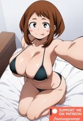 :p ai_generated anime bed bedroom bikini black_bikini boku_no_hero_academia brown_eyes brown_hair cute cute_face fantasyprompt female female female_only from_above full_body huge_breasts kneeling my_hero_academia narrow_waist narrowed_eyes ochako_uraraka photo selfie short_hair slim_waist smile thick_thighs tight_fit