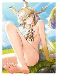 1girls barefoot blonde_hair blue_hair blush grass green_eyes horns multicolored_hair necklace pointy_ears shu_(arknights) sitting small_breasts smile sweat tail white_panties