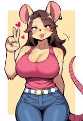 ai_generated anthro belt big_breasts brown_hair cleavage earring female_focus furry furry_female furry_focus furry_only green_eyes horny horny_female jeans large_breasts mature_female peace_sign rat sfw sticking_out_tongue tan_fur tank_top thick_thighs thigh_gap tight_clothes tight_clothing tongue_out wide_hips