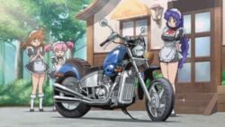 animated animated_gif arisugawa_mayuko blue_hair breasts brown_hair iyashite_agerun_saiyuuki large_breasts long_hair lowres moriyama_izumi motorcycle pink_hair screenshot