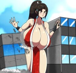 1girls blush brown_eyes brown_hair building_destruction fatal_fury fatal_fury_2 female female_only giantess huge_breasts hyper hyper_breasts kobalteclipseart light-skinned_female mai_shiranui snk tagme thick_thighs