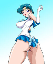 ami_mizuno ass bishoujo_senshi_sailor_moon blue_eyes blue_hair butt butt_crack clothing erect_nipples erect_nipples_under_clothes female female_only gloves human marubayashi_shumaru medium_breasts sailor_mercury short_hair skirt solo thighs