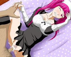 14mm 1boy 1girls bleach blue_eyes blush breasts censored clothed_female_nude_male cum cum_inside dokugamine_riruka female fingerless_gloves fullbringer large_breasts long_hair male matching_hair_and_eyes penis pink_eyes polka_dot pov purple_hair set sex solo_focus straight vaginal_penetration