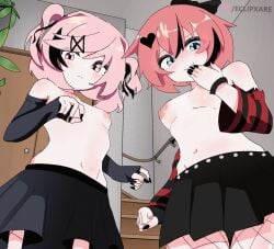 animated doki_doki_literature_club eclipxare fishnets goth hd laugh laughing looking_at_viewer looking_down natsuki_(doki_doki_literature_club) sayori_(doki_doki_literature_club) shirtless skirt topless