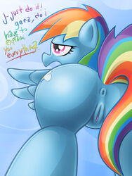 2012 animal_ears anus cutie_mark english_text equine female friendship_is_magic hair horse my_little_pony nude pegasus plain_background pony presenting pussy rainbow_dash_(mlp) smooth_skin solo sweethd tail text wings