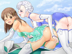 ass bent_over blush brown_eyes brown_hair censored erect_nipples female fin_e_ld_si_laffinty fingering kyouno_madoka multiple_girls no_panties purple_eyes pussy pussy_juice pussy_juice_trail rinne_no_lagrange silver_hair sweat tsuwabuki-san wink yuri