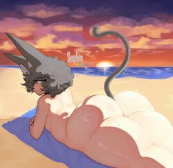 anthro ass beach big_ass blue_eyes catgirl fat_ass grey_hair hairbow looking_back lying_on_stomach nude_female original_character sosopapus tail towel