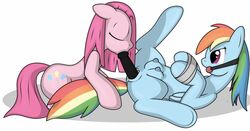 bondage bound breasts crotchboob crotchboobs cutie_mark dildo double_dildo equine erect_nipples female feral friendship_is_magic horse my_little_pony oral pinkamena_(mlp) pinkie_pie_(mlp) pony pussy rainbow_dash_(mlp) sex sex_toy tail tg-0 vaginal_penetration yuri