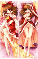 barefoot blush bow breasts breasts_out brown_eyes brown_hair dakimakura detached_sleeves dodojune female female_only footwear hair_tubes hairbow human japanese_clothes kimono long_hair lying midriff no_panties pussy reimu_hakurei skirt socks solo tabi touhou uncensored